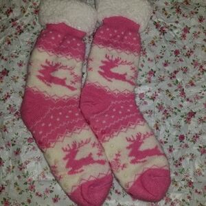 Pink Reindeer Slipper Socks